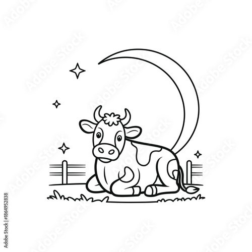 Cow resting under the moon isolated on white background, Vector, illustration