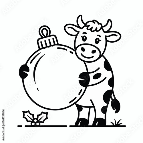 Cow holding christmas ornament isolated on white background, Vector, illustration