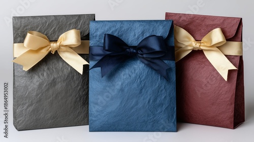 Premium satin bow boxes paired with shimmering metallic accents and textured finishes