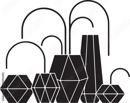 Geometric shapes and abstract black line art on white background