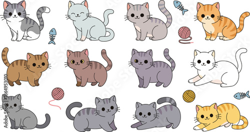 Cute cartoon cat set with playful kittens toys and different poses isolated on white background vector illustration
