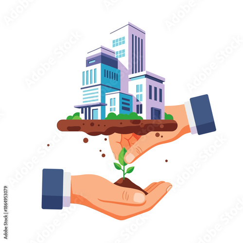 Hands hold soil nurturing a plant and a floating island of buildings.