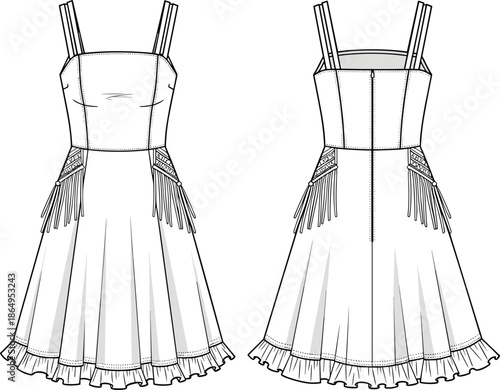 Technical fashion sketch of women's lace up corset vest top with square neckline, front and back view flat vector illustration,