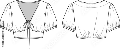 Technical fashion sketch of women's cropped puff sleeve blouse with front tie detail, front and back view flat vector illustration,