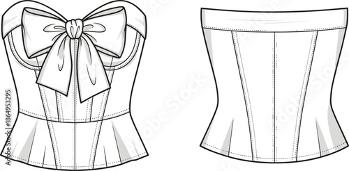 Technical fashion sketch of women's strapless sweetheart corset bustier top with large front bow, front and back view flat vector,