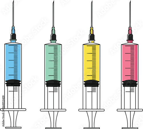 Set of medical syringe illustrations with colorful liquids for vaccination healthcare injections and clinical treatment icons for hospital and pharmacy designs
