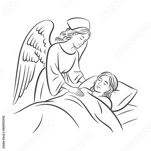 Angel comforting a sleeping child isolated on white background, Vector, illustration