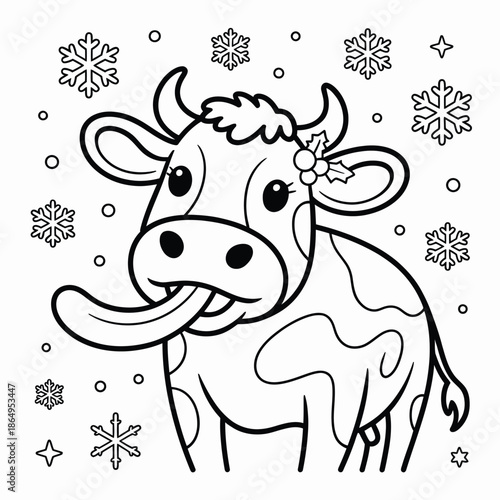 Playful cow in winter wonderland isolated on white background, Vector, illustration