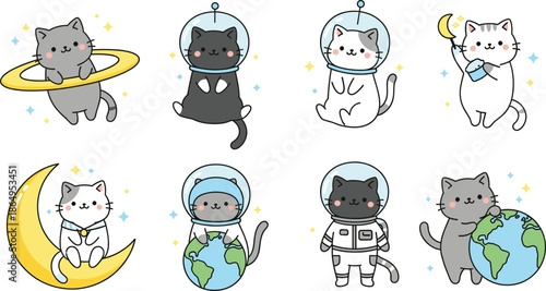 Cute cartoon astronaut cats set exploring space with planets moon and stars isolated on white background vector illustration