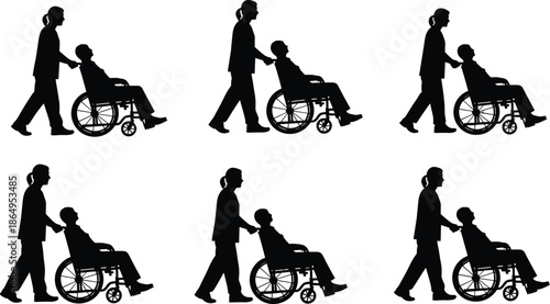 Set of medical assistant silhouettes pushing patients in wheelchairs featuring elderly care nursing and disability support for healthcare and hospital designs