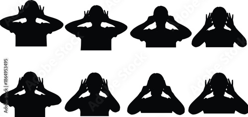 Set of person silhouettes with hands to ears covering ears and listening intently for noise pollution hearing loss and silence concepts