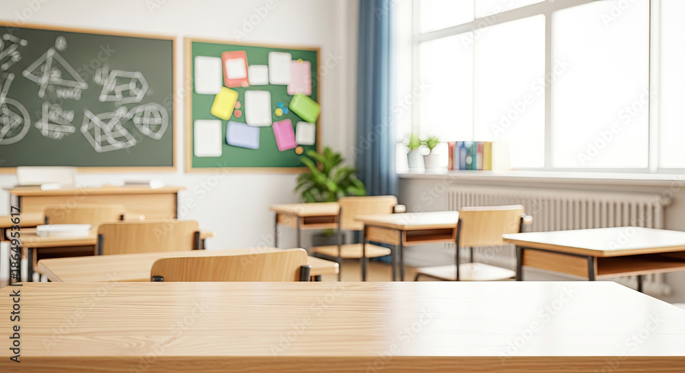 Fototapeta premium An empty classroom with wooden desks and chairs, a green chalkboard, and a window.