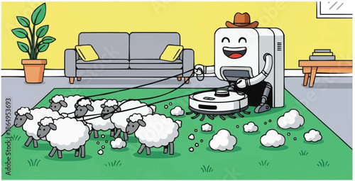 Robot vacuum cleaner herding sheep in living room field, wool transforming into dust bunnies, surreal domestic concept illustration