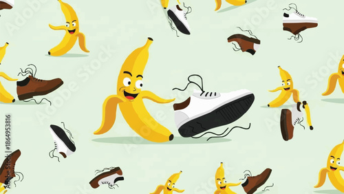 Banana peel slipping on human shoe, chaotic fruit chasing person pattern, repeating vector illustration of humorous slip hazards