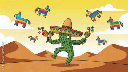 Cactus wearing sombrero dancing with maracas sprouting flowers in desert with floating piñatas, festive Mexican theme vector illustration