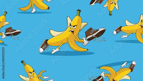 Banana peel slipping on human shoe, chaotic fruit chasing person pattern, repeating vector illustration of humorous slip hazards