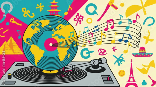 Globe Spinning on DJ Turntable with Continents as Vinyl Grooves, Musical Notes Floating Above, Cultural World Party Concept Illustration