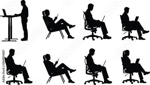 Set of silhouettes featuring people working on laptops and using smartphones in various seated and standing office desk poses, for technology