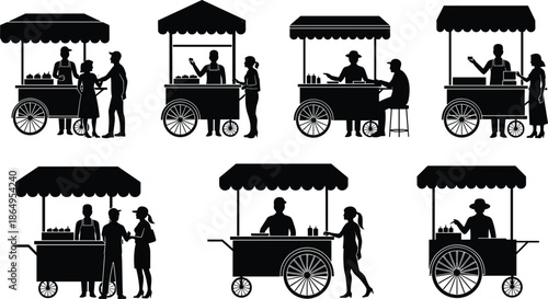 Set of street food cart silhouettes featuring vendors serving customers with outdoor market stalls for mobile business and local catering designs