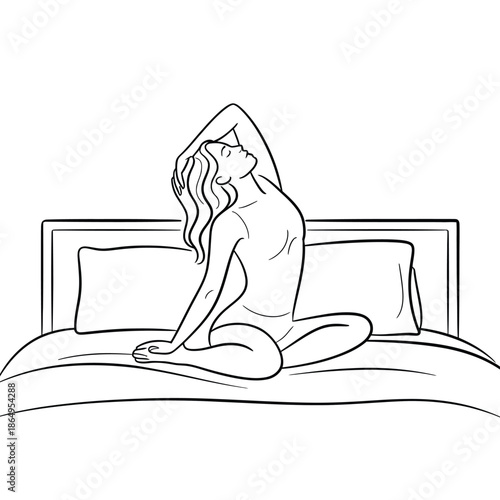 Woman sitting on bed in thoughtful pose isolated on white background, Vector, illustration
