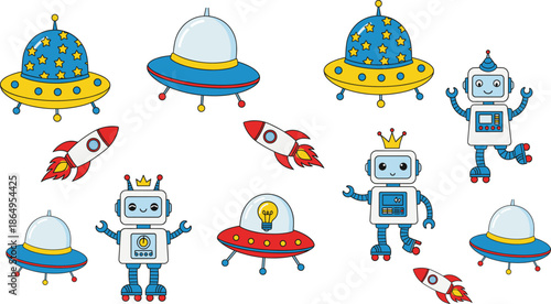 Cute cartoon robots and UFO spaceships set with rockets isolated on white background colorful vector illustration