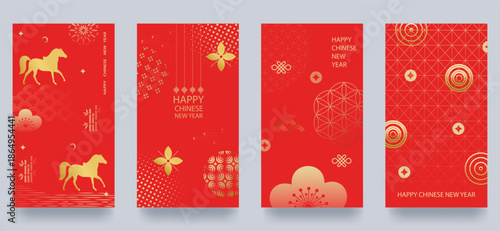 Chinese New Year 2026, Year of the Horse. A set of greeting cards featuring a horse and traditional patterns. Template for festive envelopes. Translation Happy New Year, zodiac sign