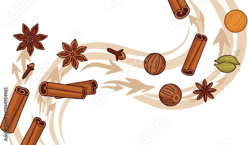 Swirling cinnamon sticks releasing vapor trails forming aromatic spice icons