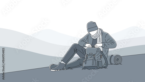 Solitary Trekker Resting With Backpack Amidst Muted Mountain Landscape Illustration