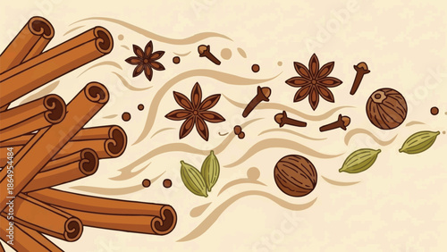 Swirling cinnamon sticks releasing vapor trails forming aromatic spice icons