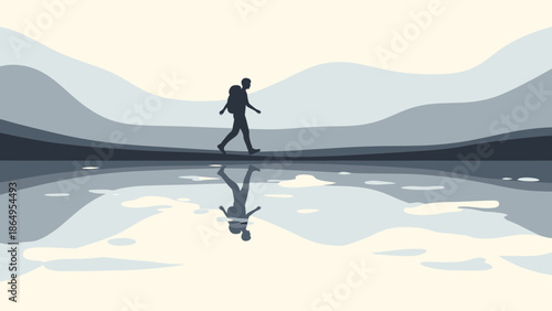 Solitary Trekker Reflecting In Tranquil Waters Of Mountainous Landscape Scene
