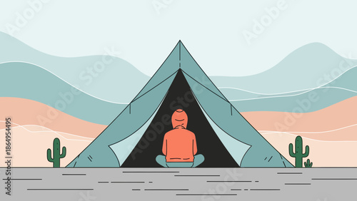 Solitude In Nature A Minimalist Scene Of Camping Under A Blue Tent