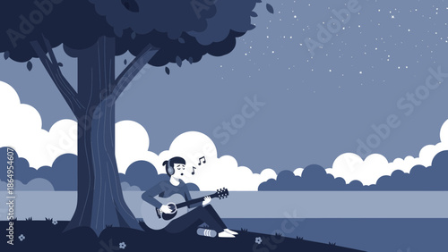 Serene Acoustic Session Under Starry Night Sky With Musical Harmony Graphic