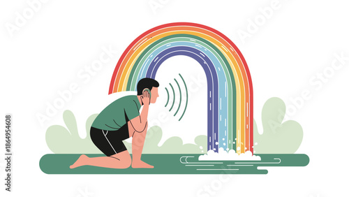 Sound Of Serenity A Man Meditating Near Rainbow Waterfall Listening Inner Voice