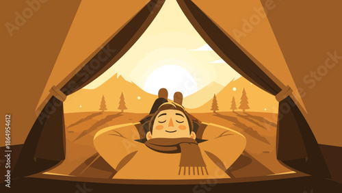 Serene Camping Escape Man Relaxing In Tent With Beautiful Mountain Scenery