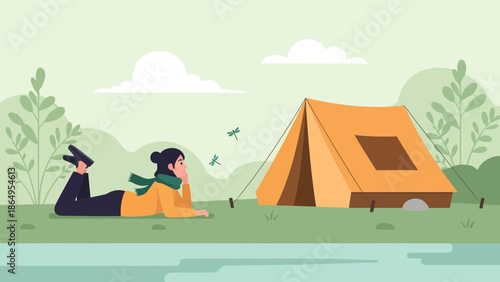 Serene Camping Day: Woman Relaxing Near Tent In Nature Scene
