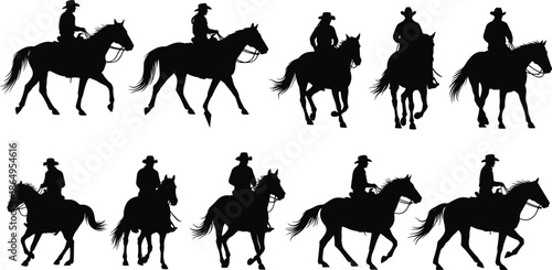 Cowboy horse riding silhouettes set showing western riders on horseback in different poses black vector illustration isolated on white background