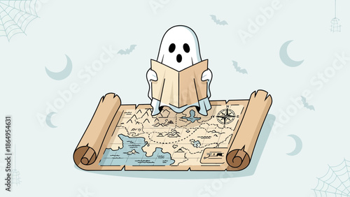 Spooky Navigation Ghostly Figure Reading Ancient Map Amidst Ethereal Elements