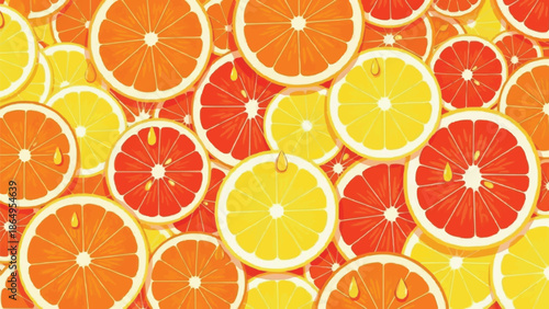 Layered Citrus Slices with Juice Droplets in Geometric Grid Pattern, Vector Illustration of Orange, Lemon, and Lime Slices