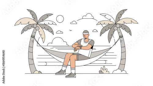 Sporty Man Relaxing On A Hammock Between Palm Trees On A Beach