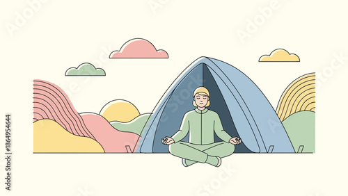 Serene Camping Retreat Meditating Amidst Tranquil Nature Scene with Geometric Shapes