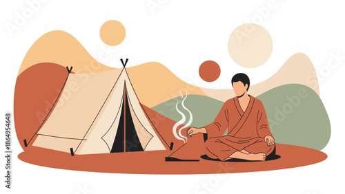 Serene Camping Scene With Meditating Man and Tent In Muted Pastel Colors