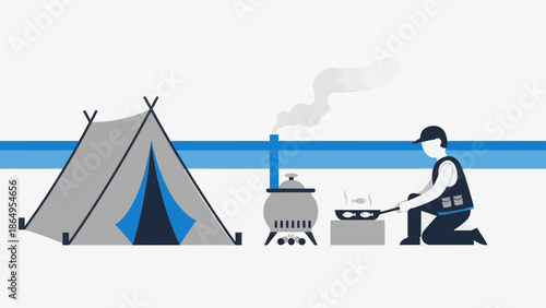 Serene Camping Scene With Tent And Fisherman Preparing A Meal Outdoors