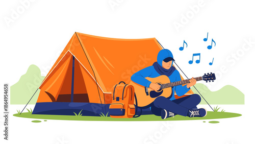 Serene Camping Scene Featuring a Person Playing Guitar Next to Tent