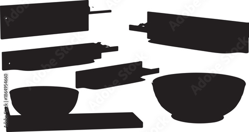 Black silhouettes of kitchen utensils and dishes on white background