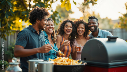 Happy Multi-Ethnic Friends Laughing Together While Preparing Food on the Grill During a Summer Backyard Barbecue Party