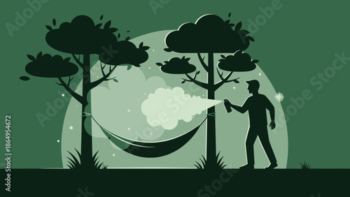 Spraying Repellent In Summer Forest Illustration Of Person With Hammock