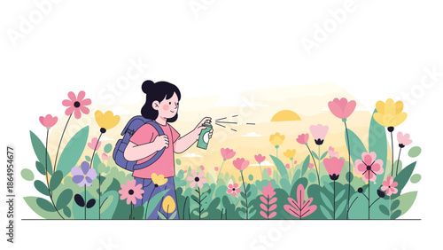 Spraying Insecticide Amidst Flowers Exploring Nature In Colorful Flat Vector Style