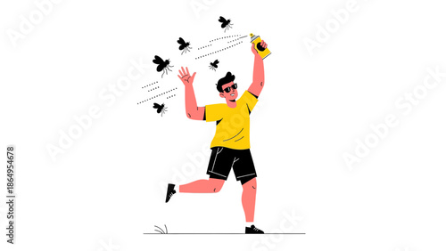 Spraying Insecticide Against Flying Mosquitoes for Outdoor Protection Illustration