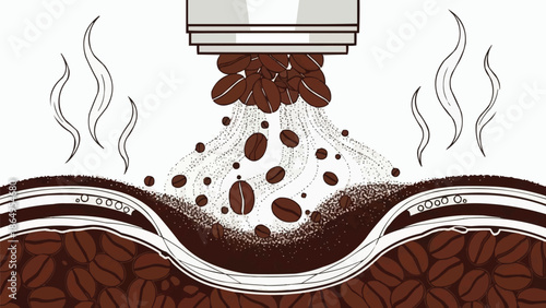 Layered coffee beans grinding into fine powder with steam curls, aromatic coffee texture, brown roasted beans in motion, vector illustration
