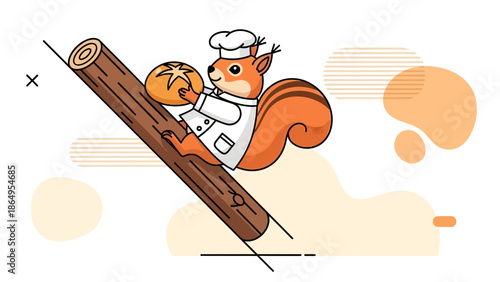 Squirrel Baker Climbing Log With Bread Cartoon Illustration For Bakery Business
